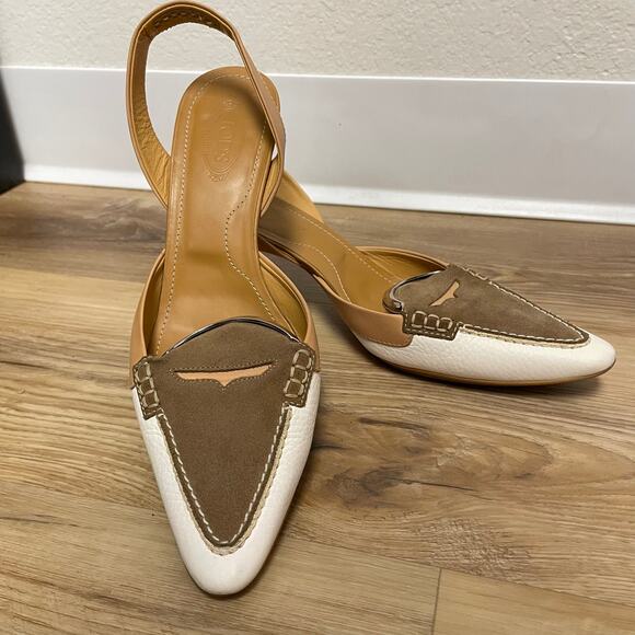 Tod’s Debbie Slingback pumps pointed toe loafer style tan brow white size 8.5 - Picture 2 of 11